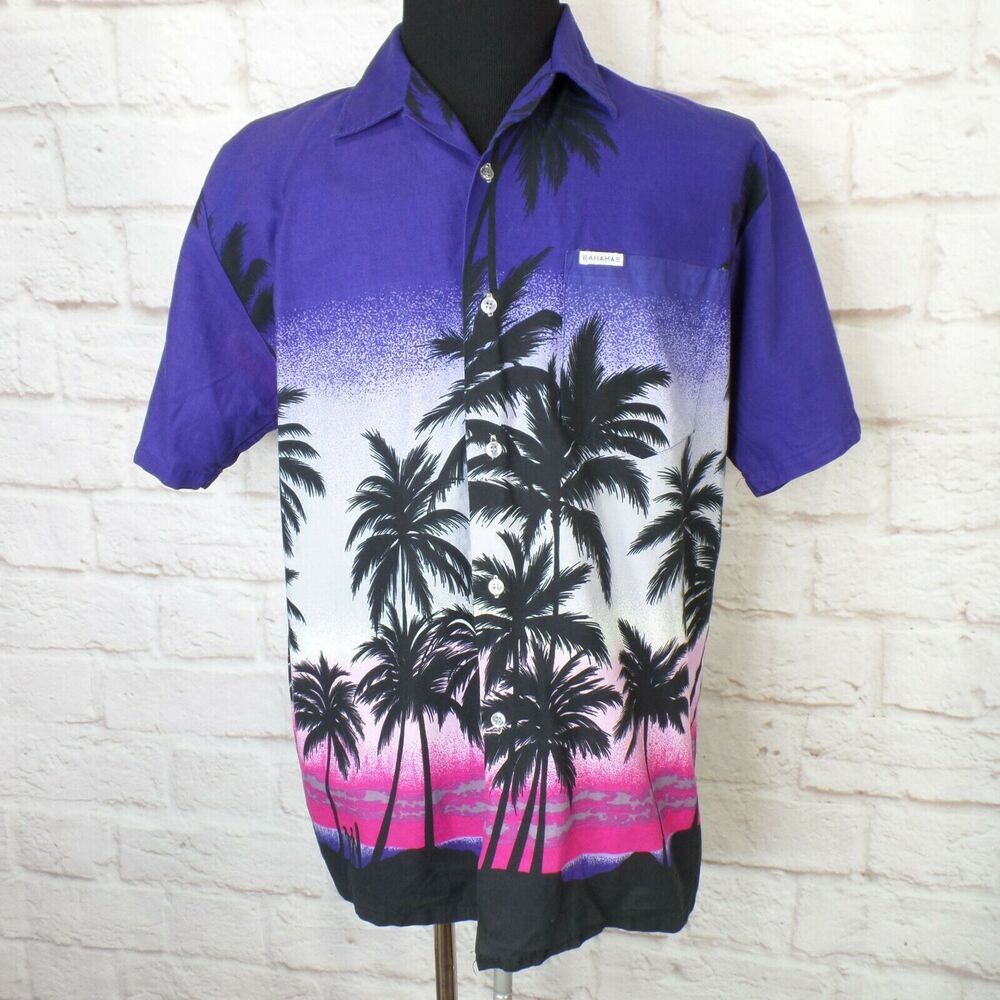 Vtg Windswept In The Bahamas Men's Size XL Palms Tropical Hawaiian Shirt Purple